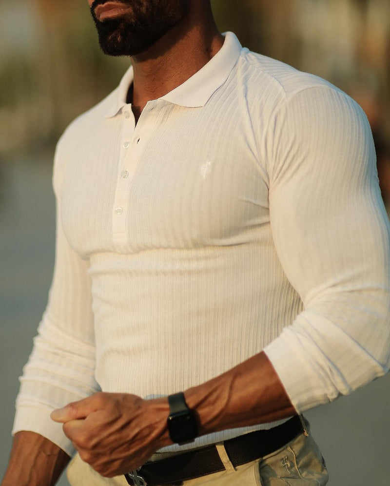 Father Sons klassisches weißes geripptes Poloshirt mit langen Ärmeln – FSH974