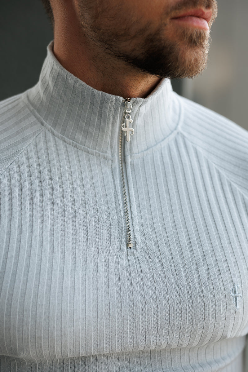 Father Sons Klassisches hellgraues geripptes Raglan-Shirt mit Reißverschluss und Stehkragen, kurzärmligem Rundhalsausschnitt – FSH1287