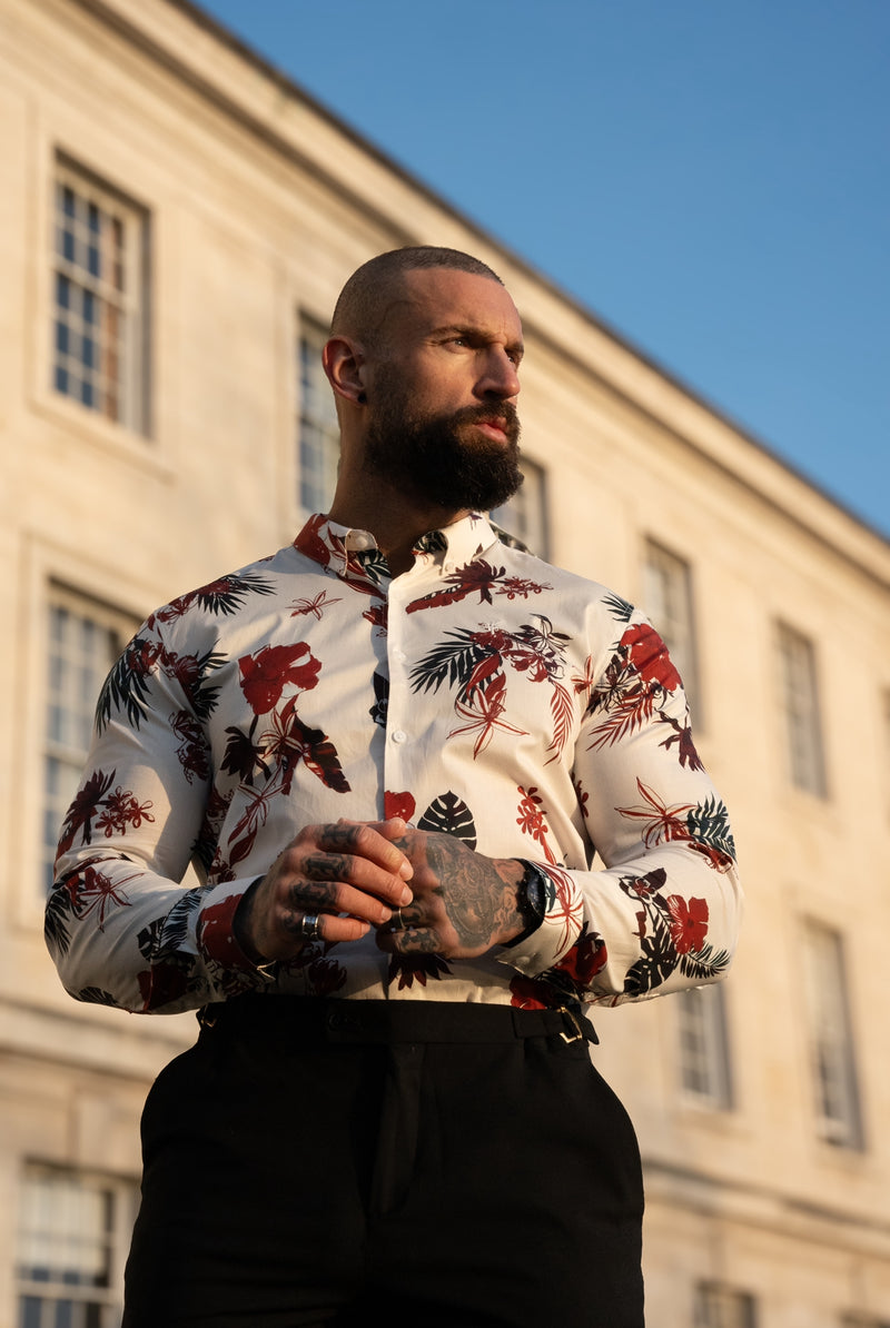 Klassisches Stretch-LS Weiß/Rost Floral Print Button Down Kragen - FS1155