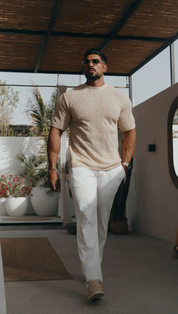 Vater-Söhne-Häkel-T-Shirt mit Rundhalsausschnitt, Honesty Beige, kurzärmelig – FSJ087