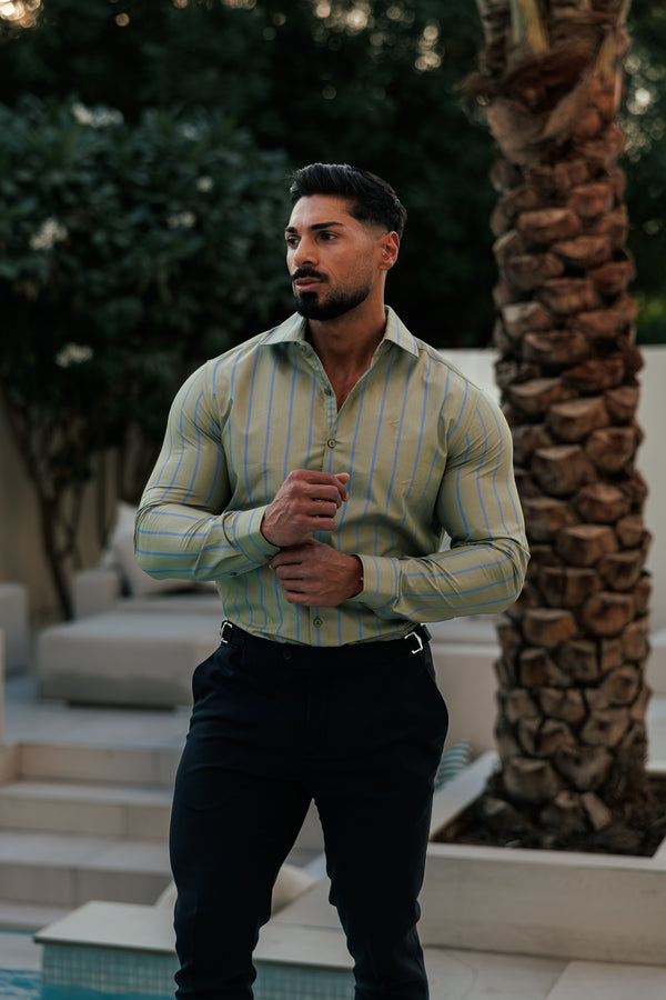 Father Sons Classic Green / Blue Stripe Long Sleeve with Cutaway Collar - FS1179