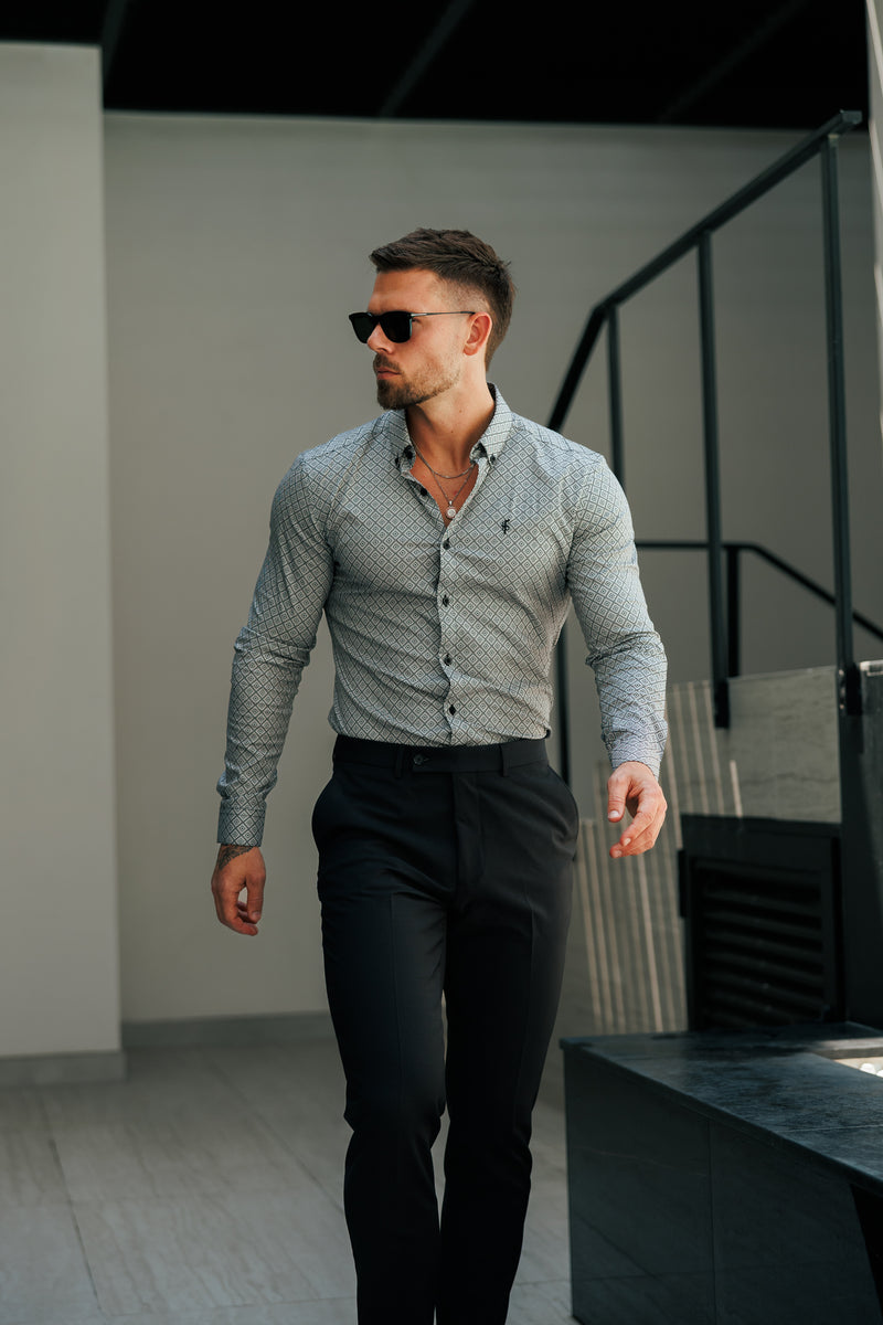 Vater-Söhne-Shirt, superschlank, dehnbar, schwarz/weiß, langärmlig, mit Rautenmuster und Button-Down-Kragen – FS1226