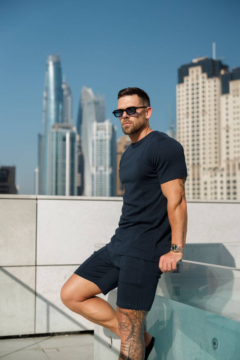 Vater-Söhne-Shorts mit elastischem Kordelzug und Biesen, Marineblau - FSH1056