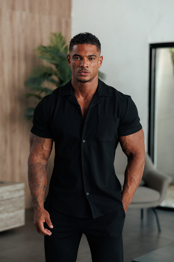 Vater-Söhne-Jersey-Cord-Stretch-Hemd mit Revers, kurzärmelig, Schwarz – FSR018