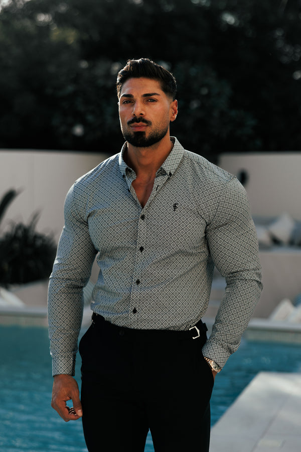 Vater-Söhne-Shirt, superschlank, dehnbar, schwarz/weiß, langärmlig, mit Rautenmuster und Button-Down-Kragen – FS1226