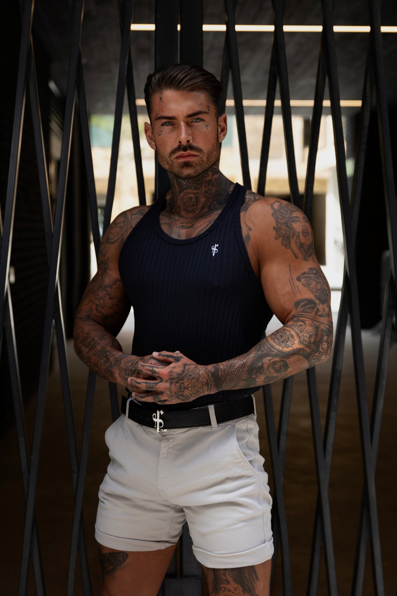 Klassische, superschmale Strickweste im Rippenmuster in Marineblau/Weiß von Father Sons – FSH1020