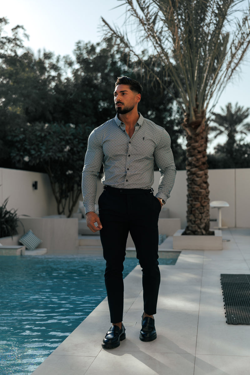 Vater-Söhne-Shirt, superschlank, dehnbar, schwarz/weiß, langärmlig, mit Rautenmuster und Button-Down-Kragen – FS1226