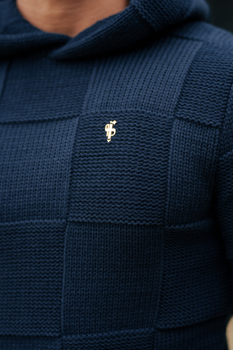 Strickhoodie mit marineblauem Schachbrettmuster für Väter und Söhne - FSJ138 (VORBESTELLUNG AM 11. DEZEMBER)