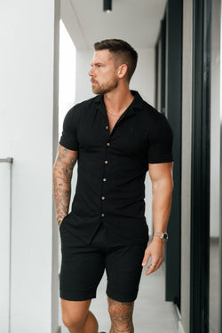 Vater-Söhne-Stretch-Piqué-Hemd mit Revers, kurzärmlig, Schwarz/Gold – FSH1068