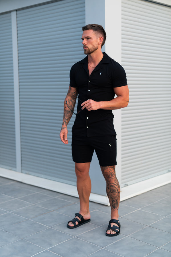 Vater-Söhne-Stretch-Piqué-Hemd mit Revers, kurzärmlig, Schwarz/Silber – FSH1355