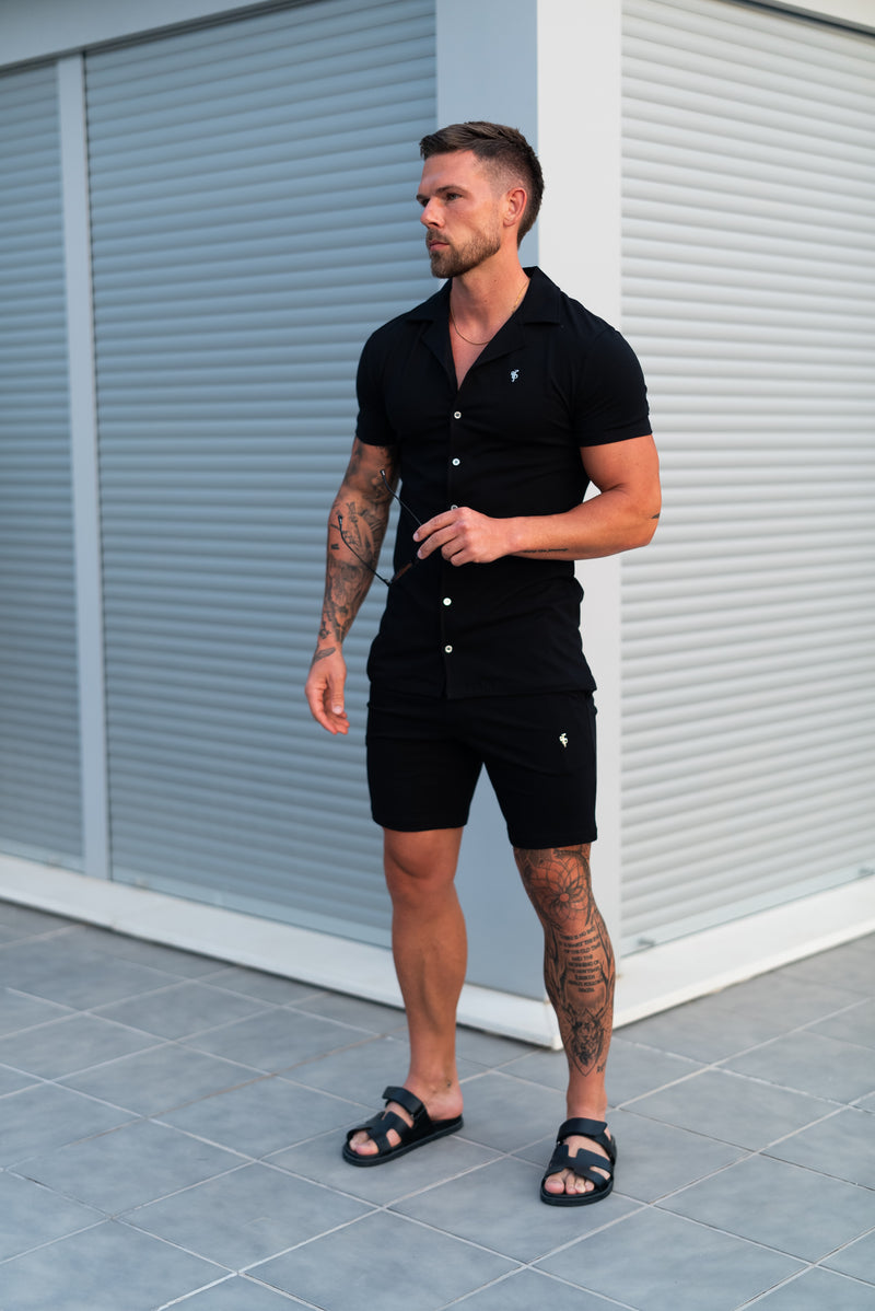 Father Sons Stretch Black / Silver Pique Revere Shirt Short Sleeve - FSH1355 (PRE ORDER 10TH AUGUST)