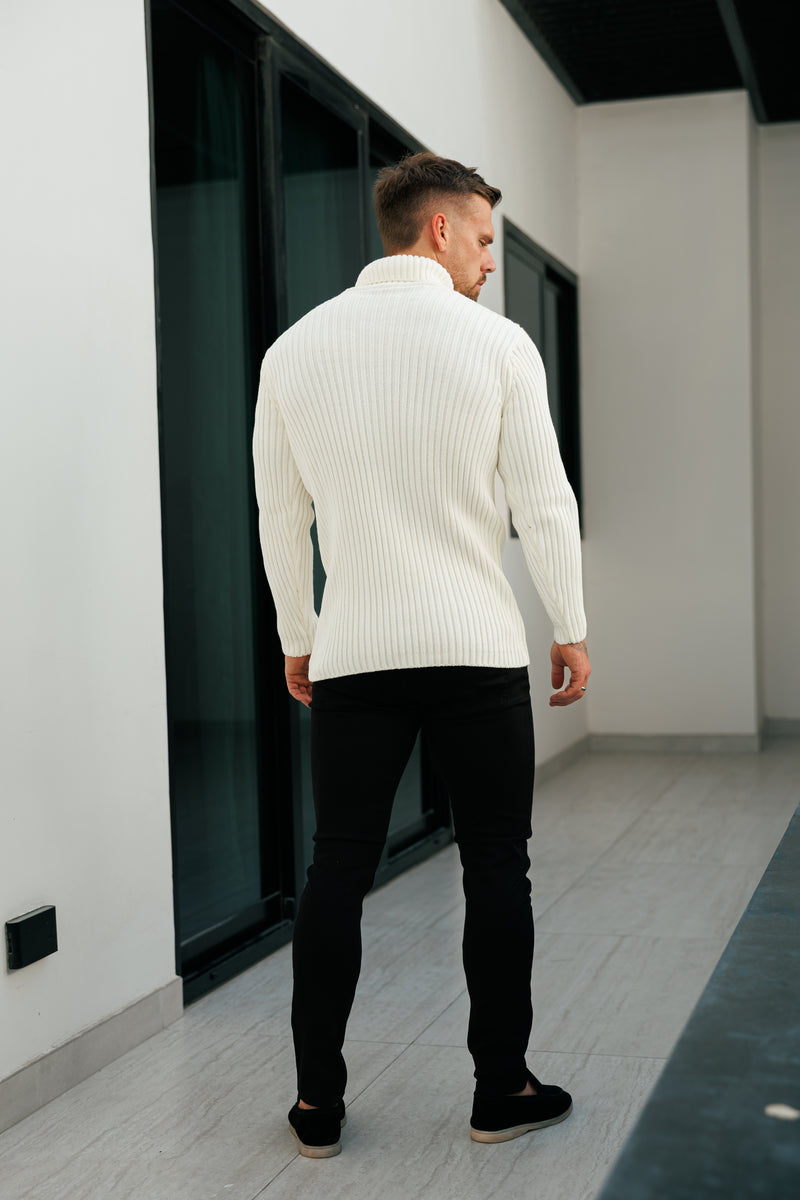 Cremefarbener Rollkragenpullover aus Rippstrick für Vater und Sohn – FSJ114 (VORBESTELLUNG 12. NOVEMBER)