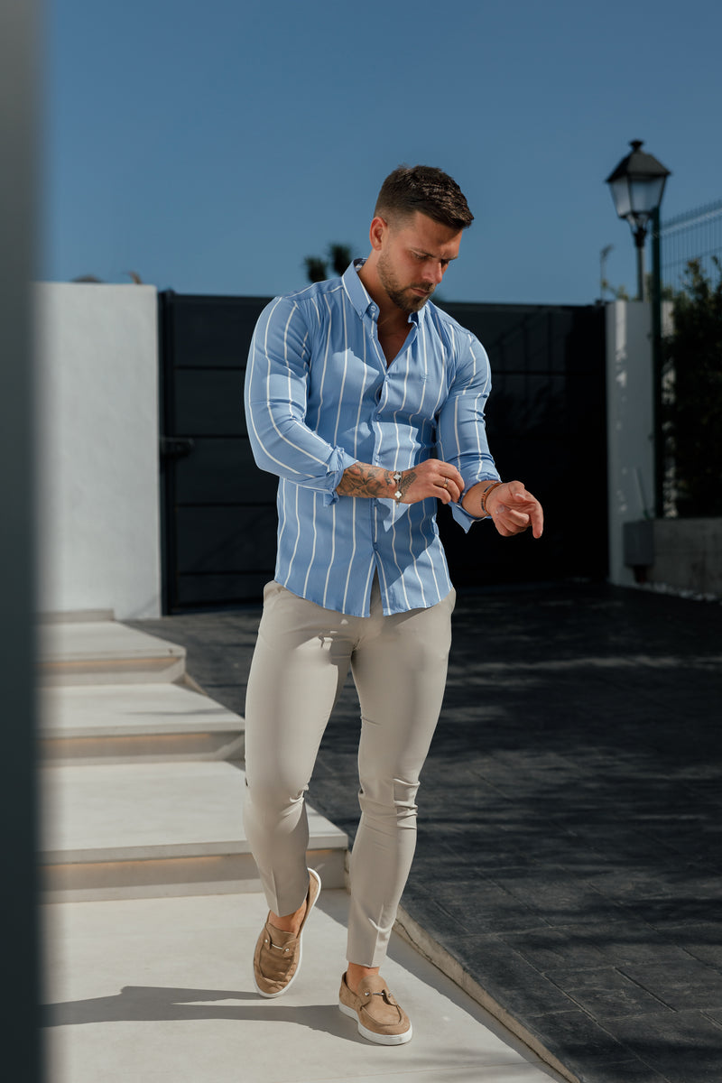 Father Sons Super Slim Stretch Blau bedrucktes Langarmshirt mit breiten Streifen und Button-Down-Kragen - FS1053