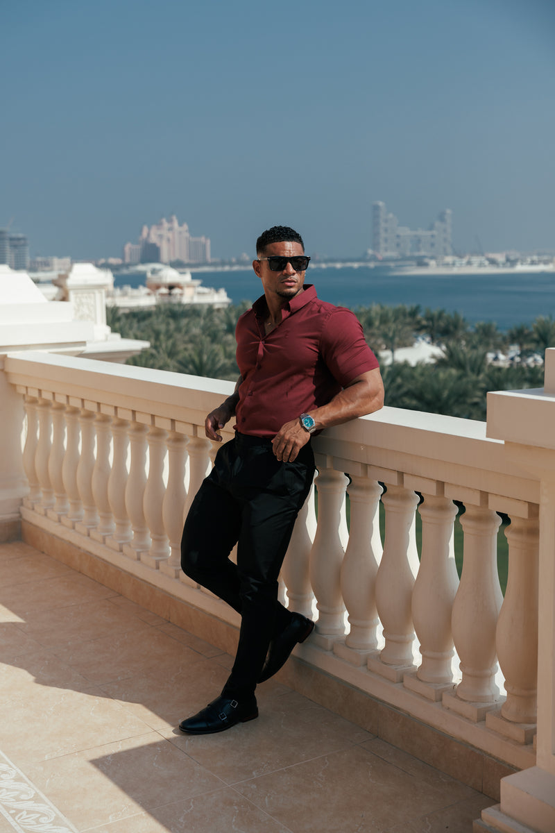 Vater-Söhne-Oxford-Hemd, klassisch, Stretch, kurzärmlig, Ochsenblut/Burgunderrot, mit Button-Down-Kragen – FS1213