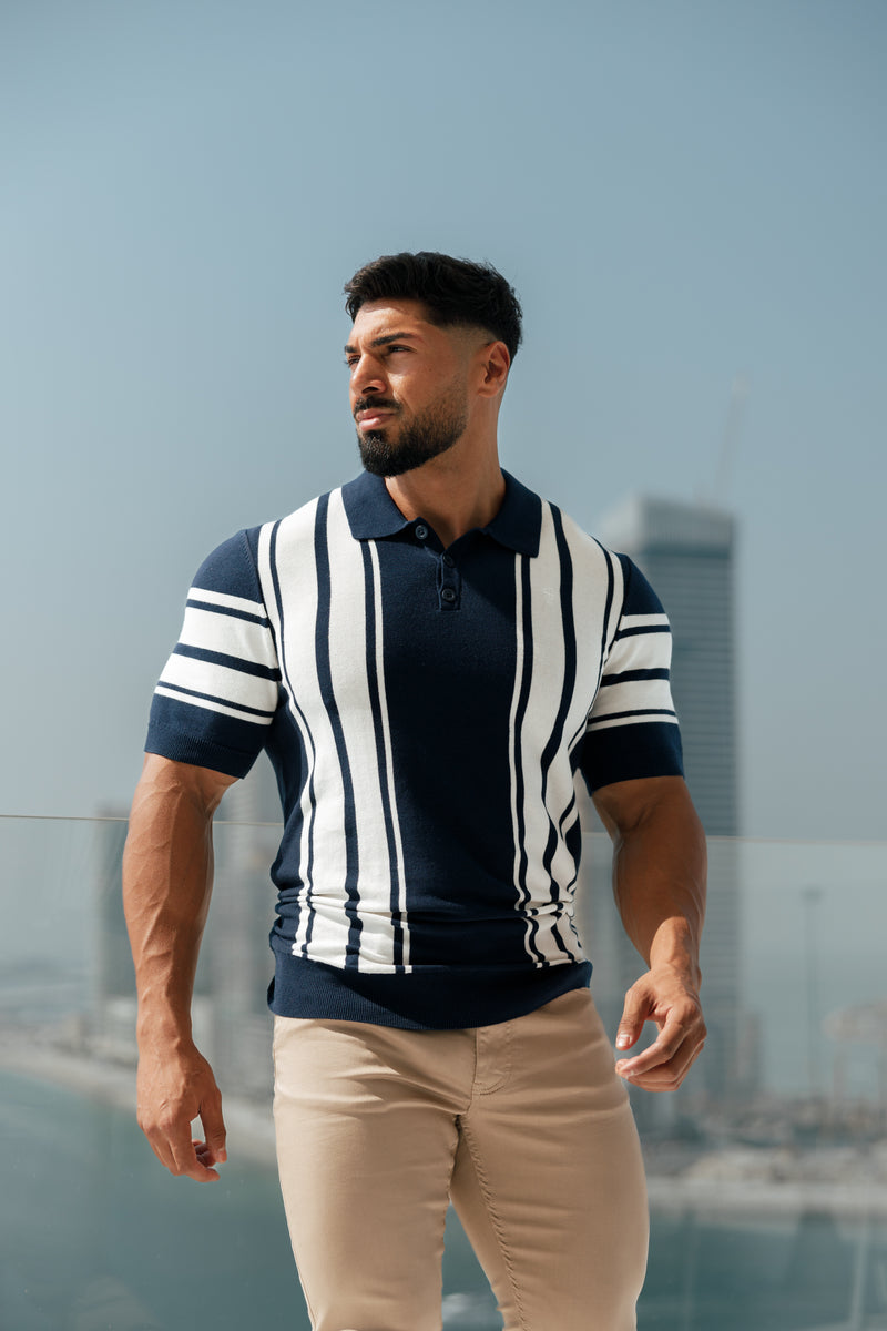 Father Sons Classic Navy/Off White Gestricktes Poloshirt mit vertikalen Streifen, kurzärmlig – FSN105