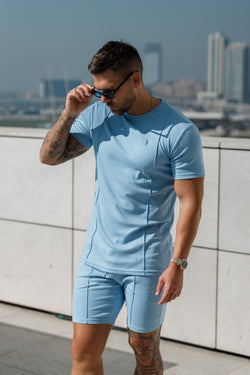 Hellblaues/silbernes Rundhals-T-Shirt mit Biesendetail für Vater und Sohn – FSH1051