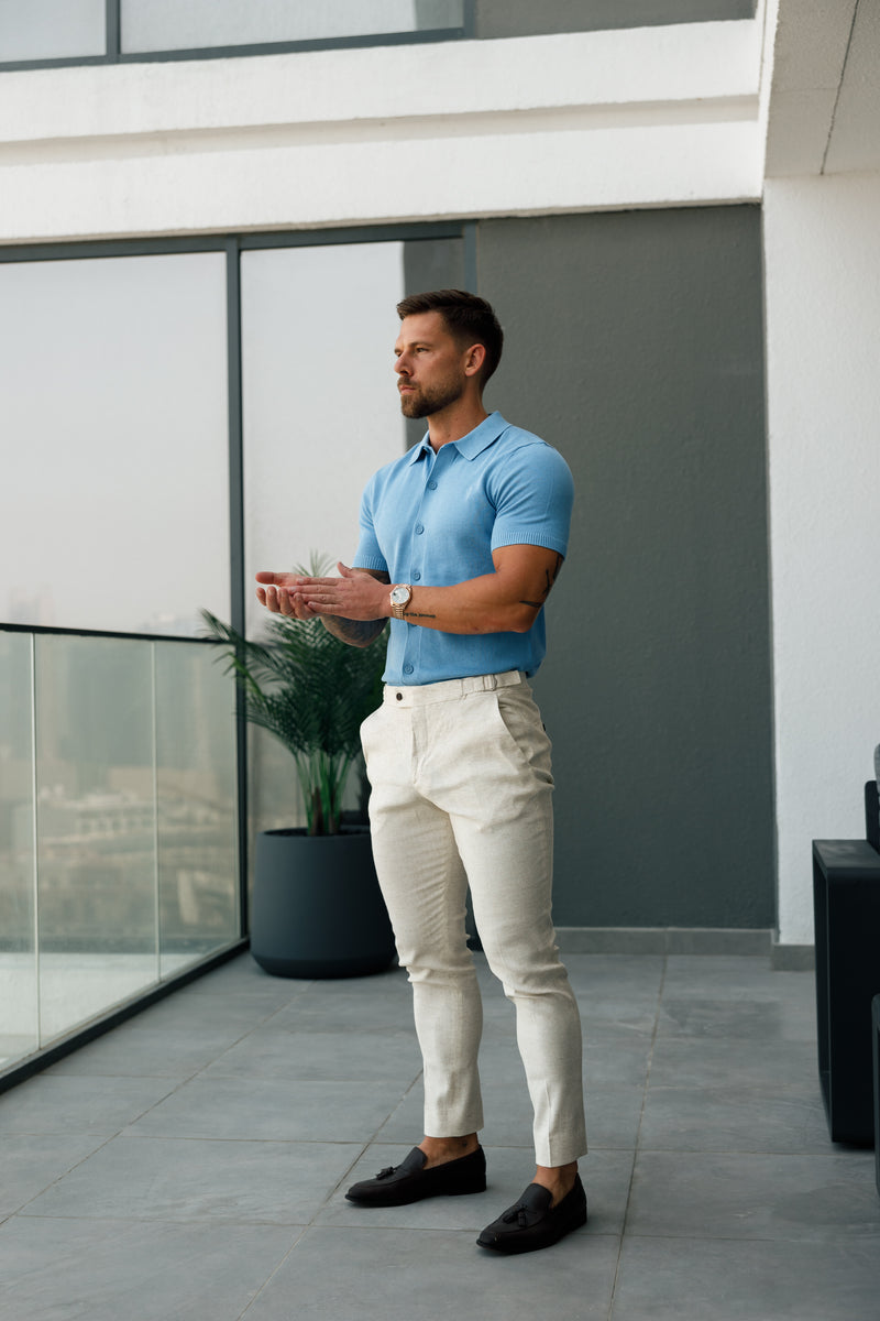Father Sons klassisches schlichtes hellblaues Strick-Poloshirt mit Knopfleiste und kurzen Ärmeln – FSN161