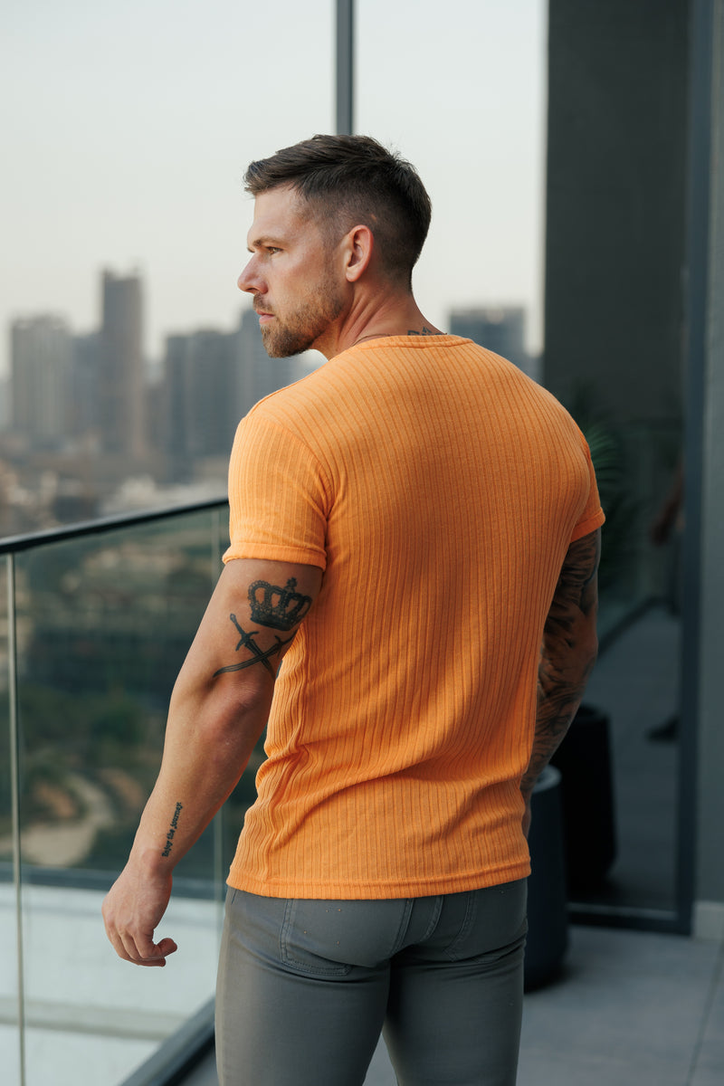 Vater Söhne Klassisches, orangefarbenes, superschlankes, kurzärmliges Rundhalsshirt aus Rippstrick - FSH1163