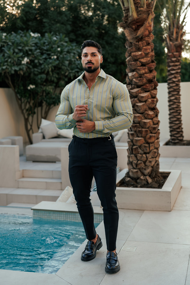 Father Sons Classic Green / Blue Stripe Long Sleeve with Cutaway Collar - FS1179