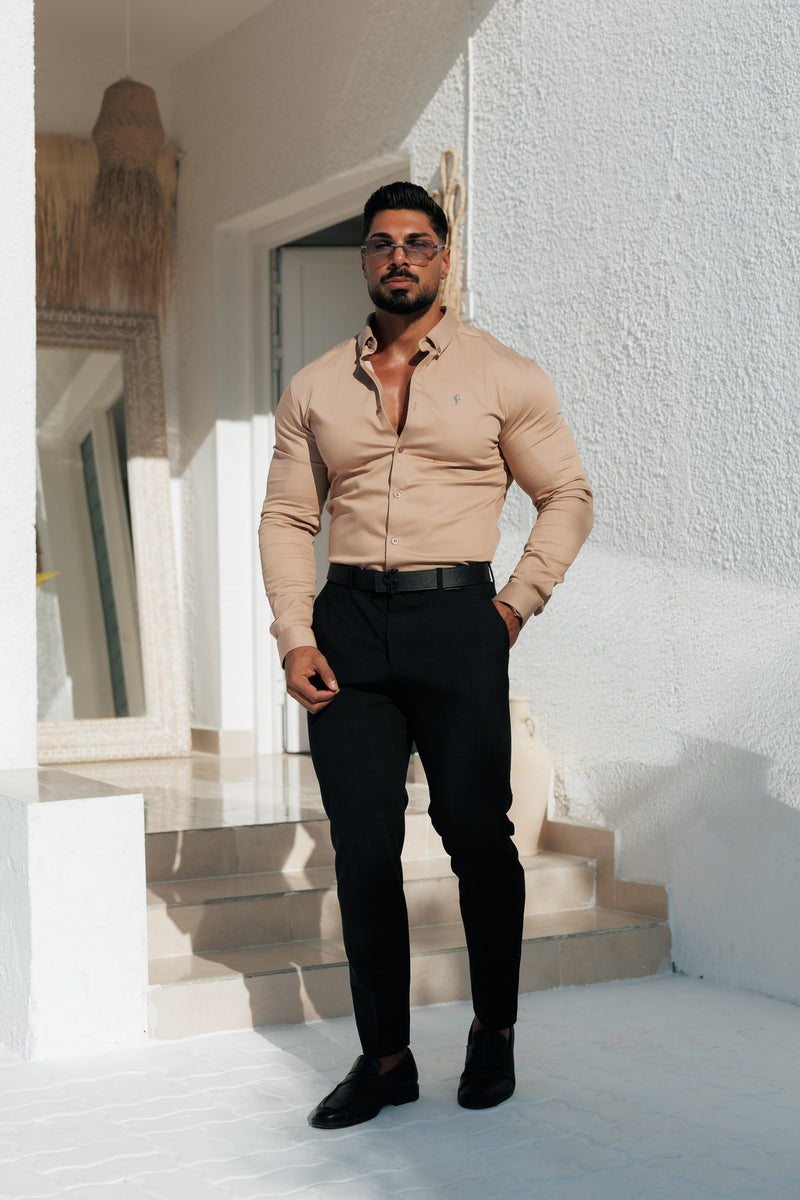Father Sons Super Slim Stretch Taupe Denim Langarm mit Button-Down-Kragen - FS1130 [Gold Emblem]