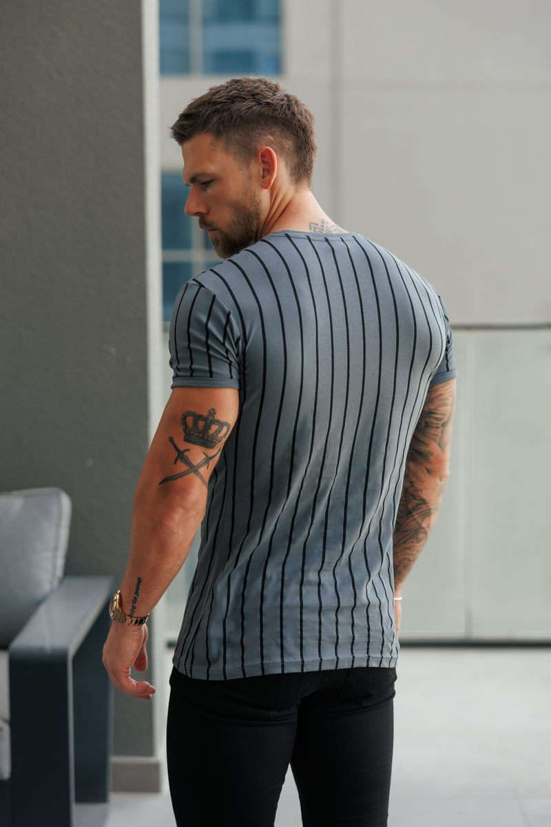 Father Sons Printed Charcoal / Black Stripe Fitted T Shirt - FSH1375