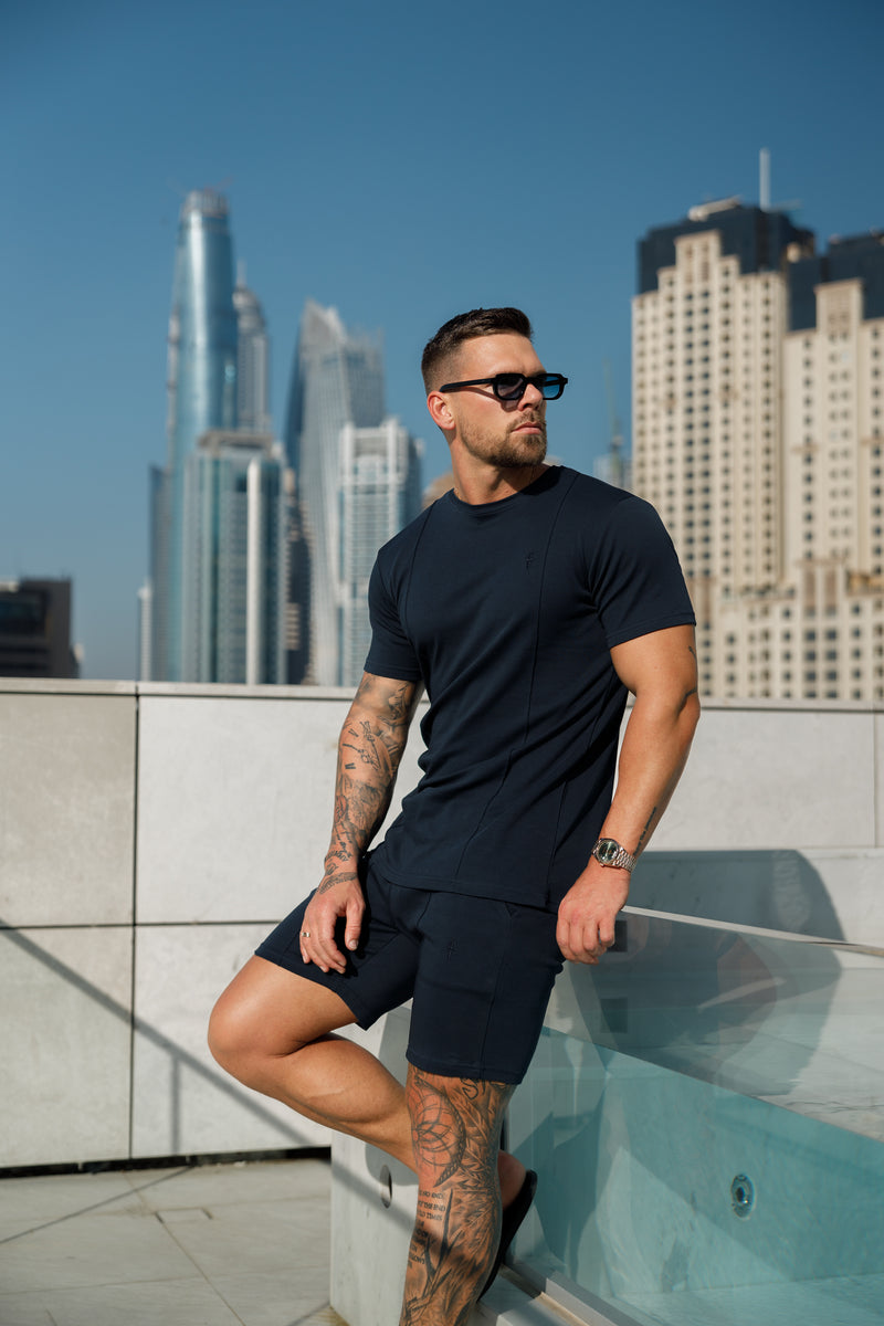Vater-Söhne-Shorts mit elastischem Kordelzug und Biesen, Marineblau - FSH1056