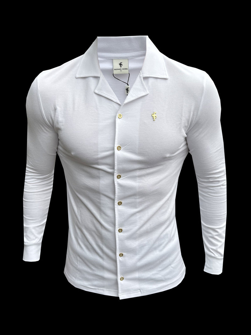 Vater-Sohn-Stretch-Langarmhemd aus weißem Piqué mit Revers - FSH1208