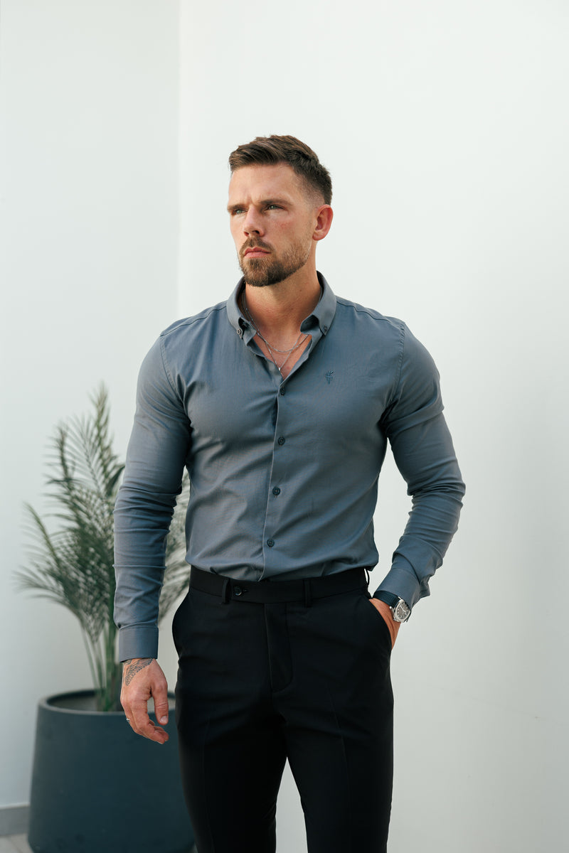 Vater-Söhne-Oxford-Hemd, klassisch, langärmlig, Anthrazit, mit Button-Down-Kragen – FS1221