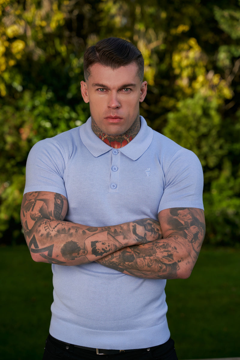 Father Sons Classic Pale Blue Knitted Polo Jumper Short Sleeve With Tonal FS Embroidery- FSN146