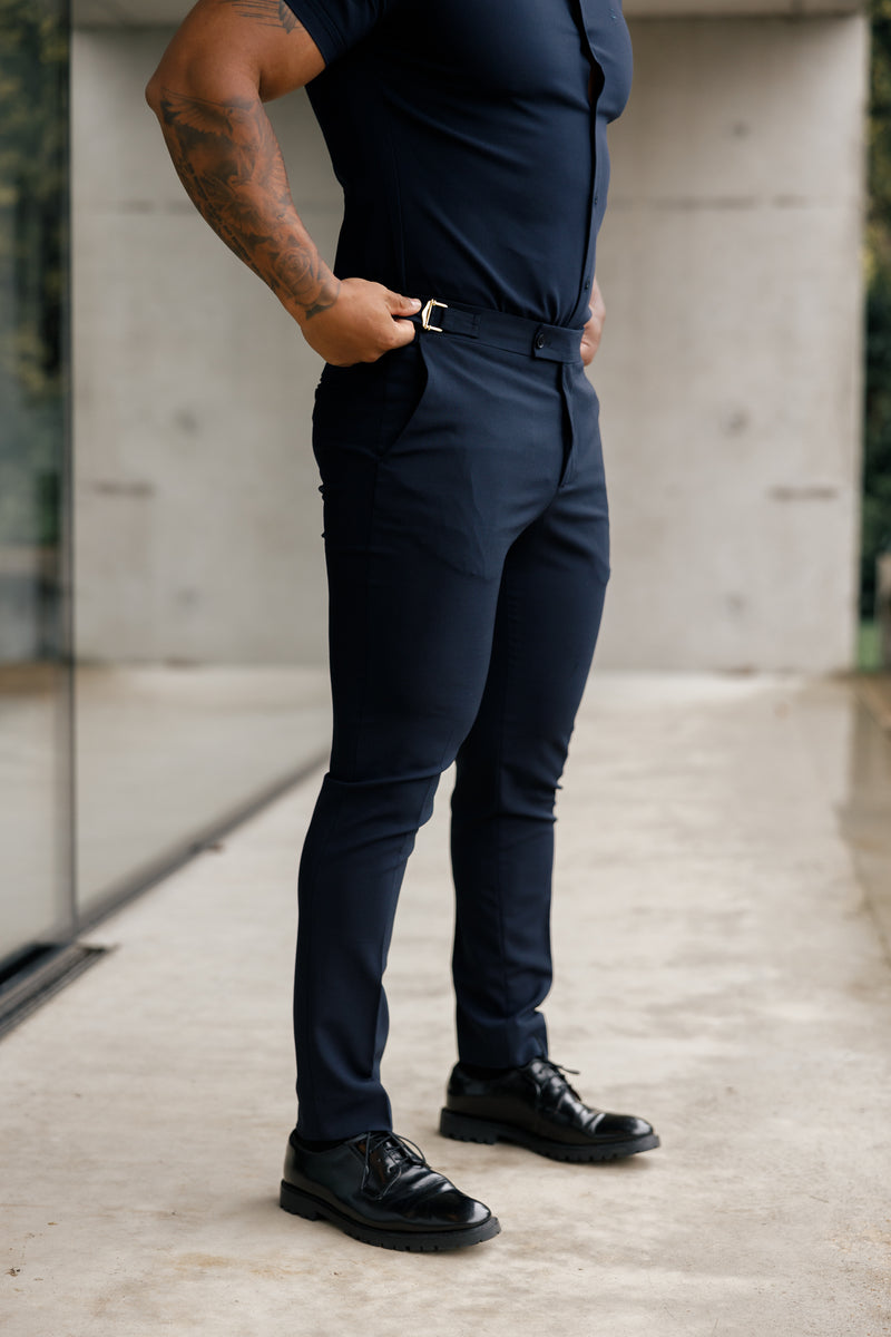 Father Sons Slim Formal Navy Stretch Trousers With Gold Waist Adjusters - FST016