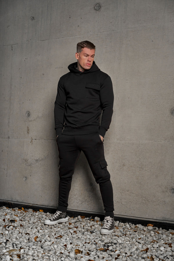 Father Sons Black Cargo Tracksuit Bottoms With Pockets, Cuffed Hem and FS Embroidery - FSH934