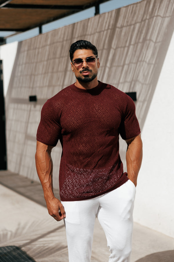Father Sons Crochet Crew T-Shirt Burgundy Short Sleeve - FSJ089