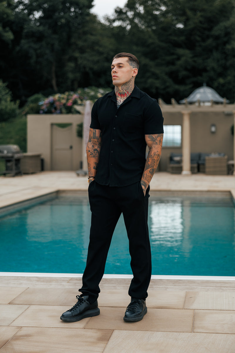 Vater-Söhne-Jersey-Cord-Stretch-Hemd mit Revers, kurzärmelig, Schwarz – FSR018