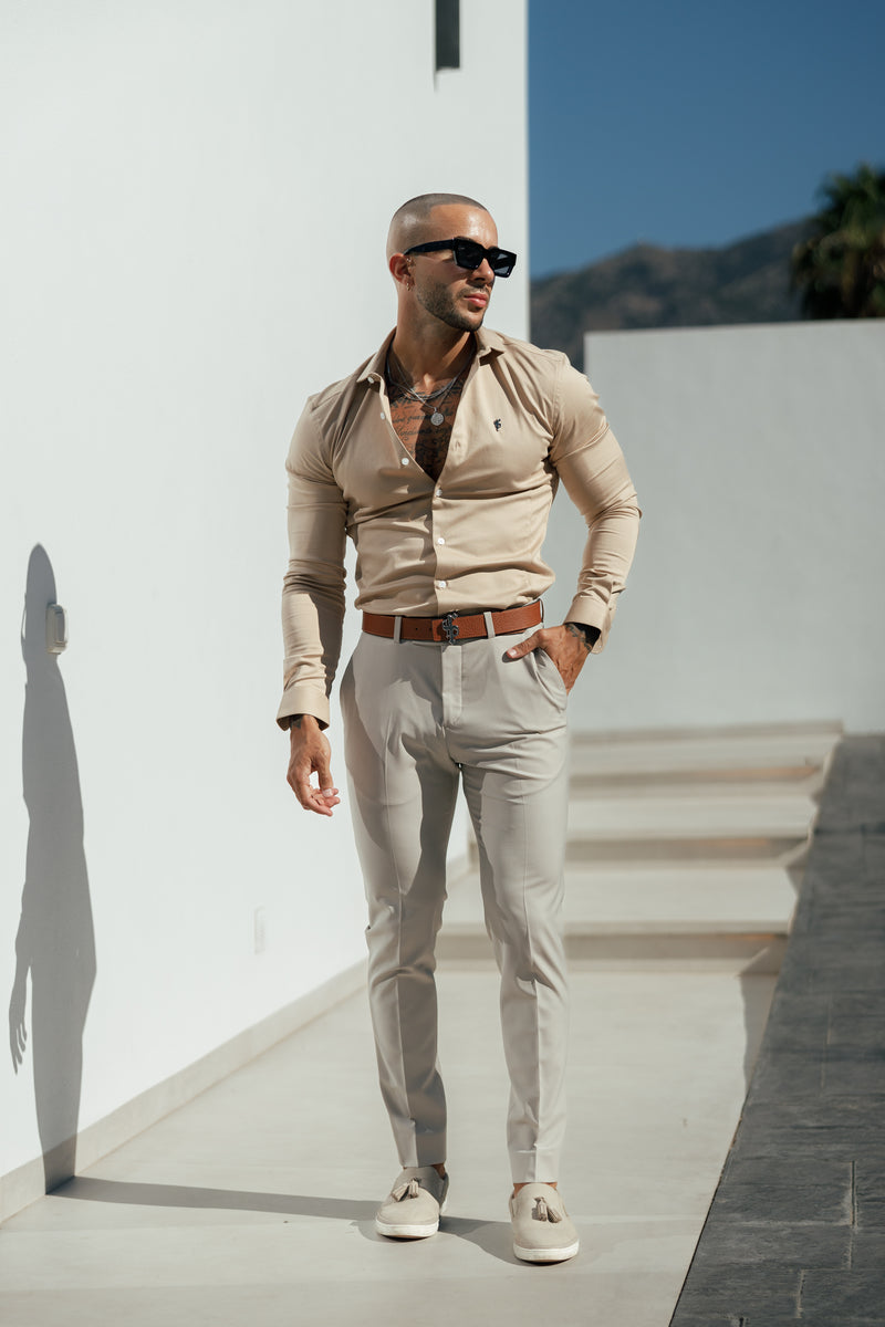 Vater Söhne Super Slim Stretch Vintage Beige Side Panel Shirt LS - FS1089