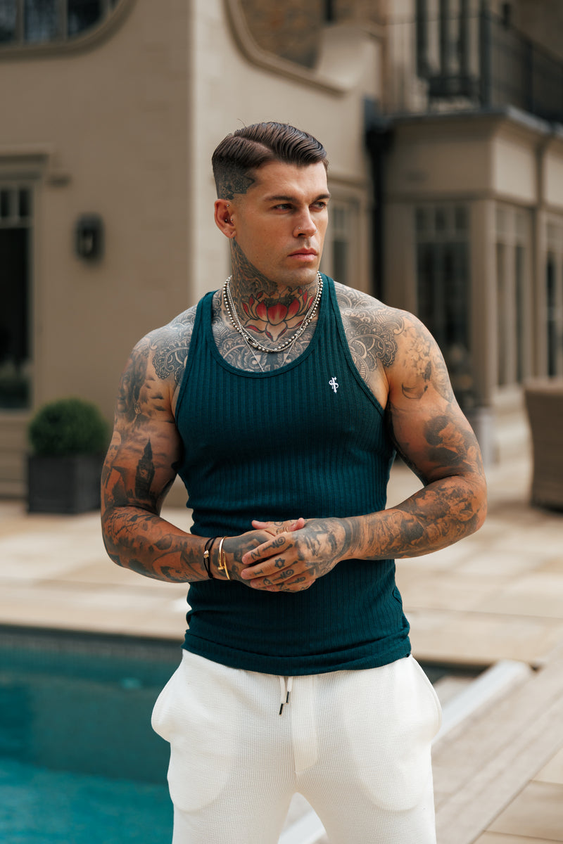 Father Sons Classic Forest Green / White Ribbed Knit Super Slim Vest - FSH1327
