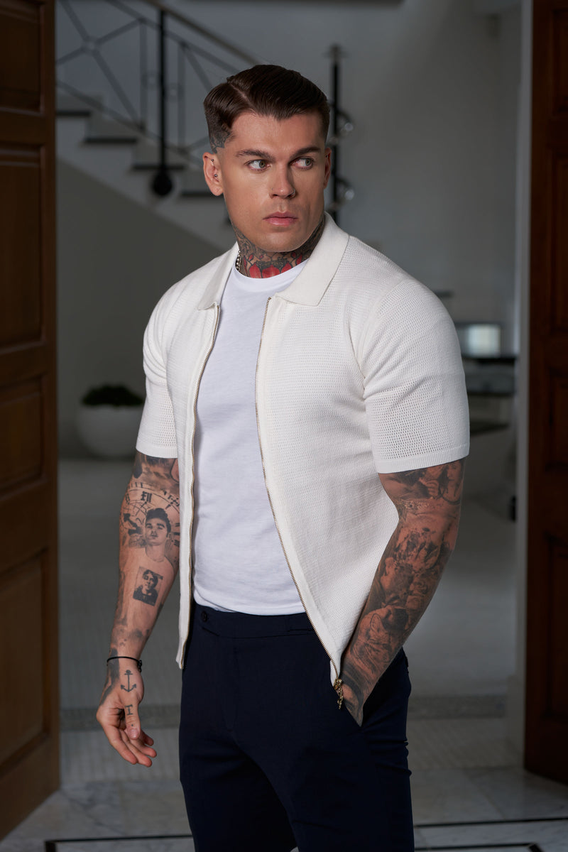 Father Sons Classic Knitted Textured Design With Full Length Zip Off White Short Sleeve - FSN152