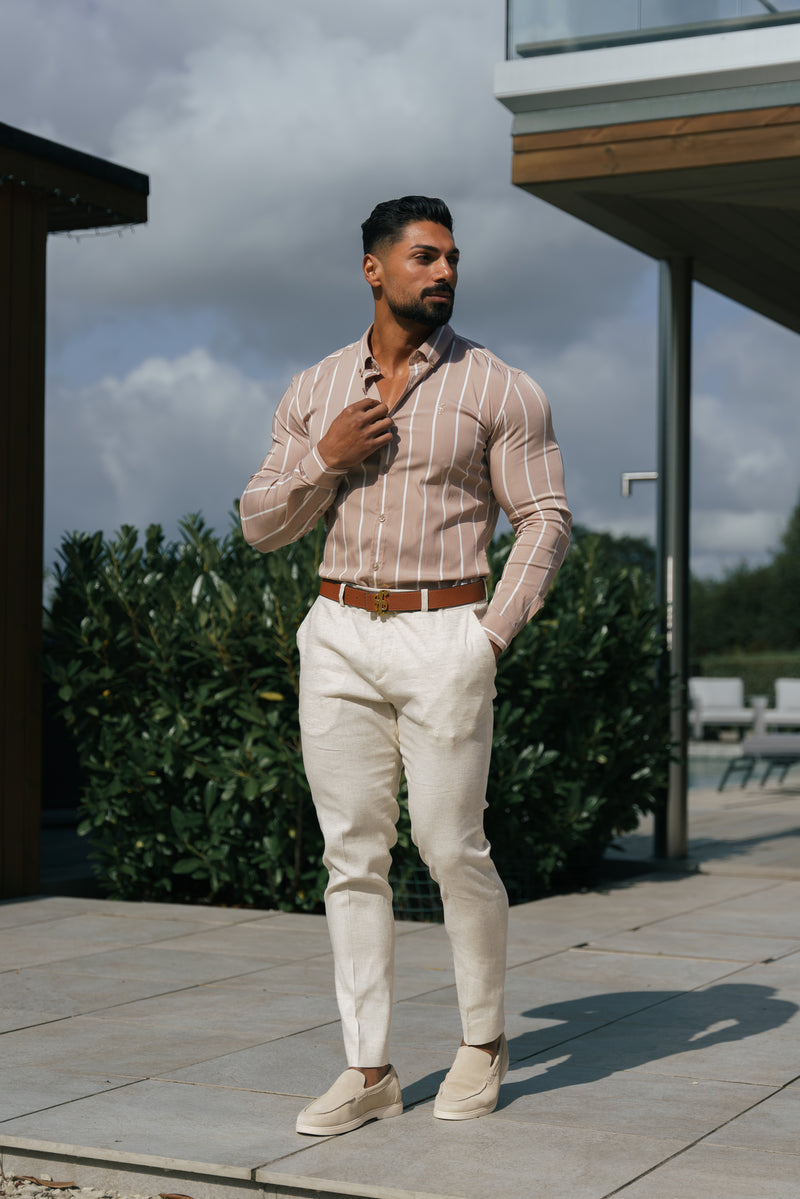 Father Sons Super Slim Stretch Taupe bedrucktes, breites Streifen-Langarmshirt mit Button-Down-Kragen – FS1065 