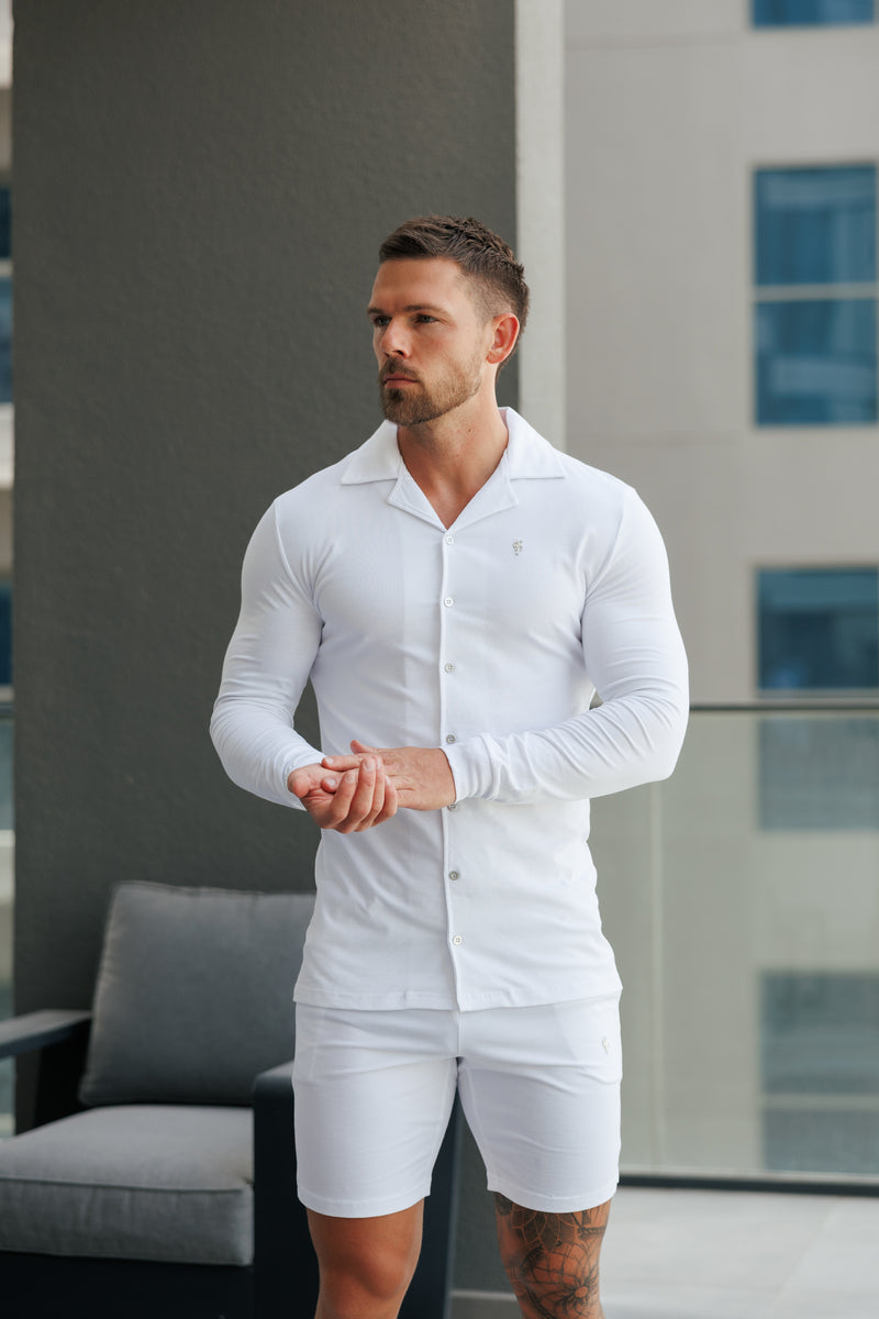 Father Sons Stretch White Pique Revere Shirt Long Sleeve - FSH1352