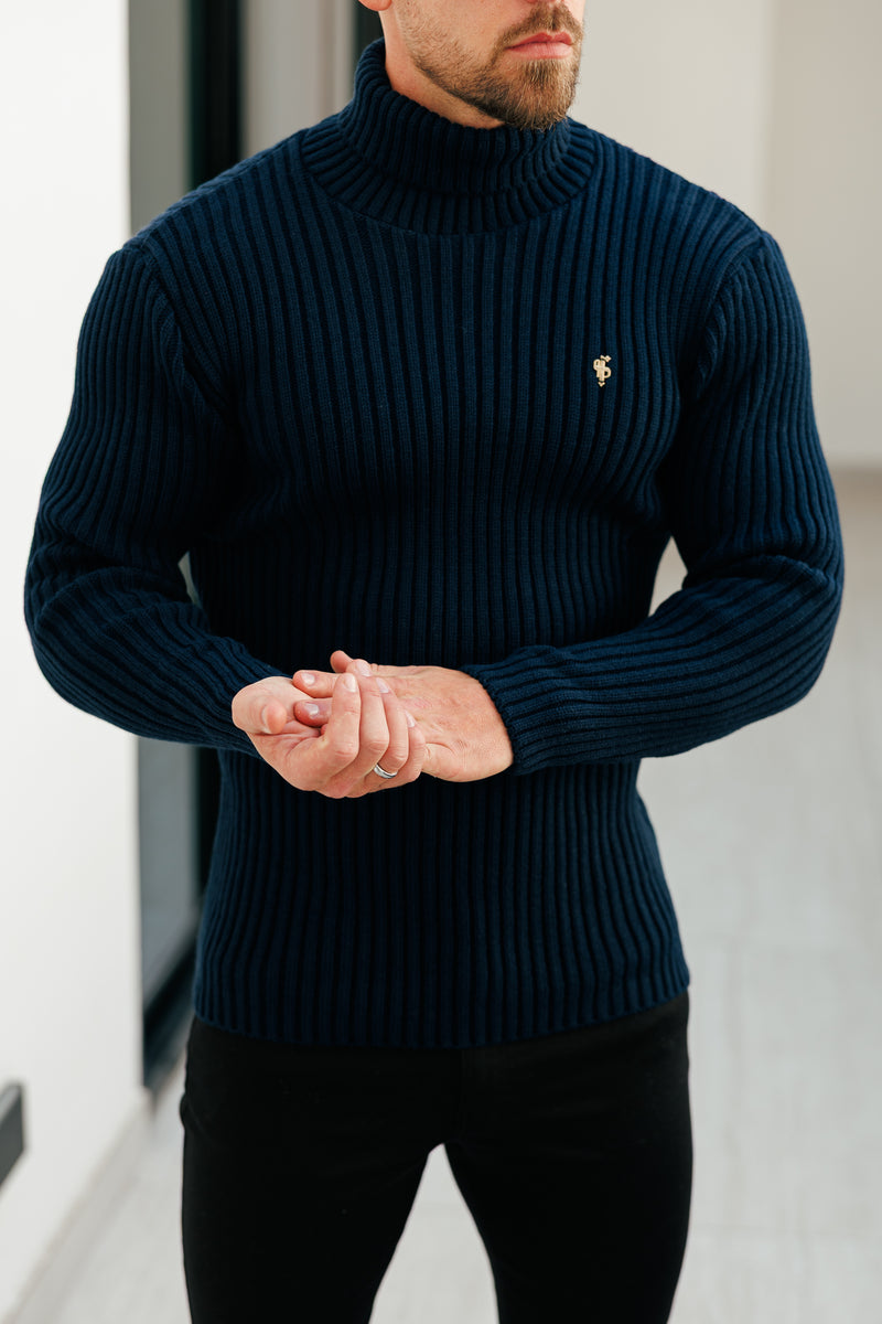 Marineblauer Rollkragenpullover aus Rippstrick für Vater und Sohn – FSJ115 (VORBESTELLUNG 12. NOVEMBER)