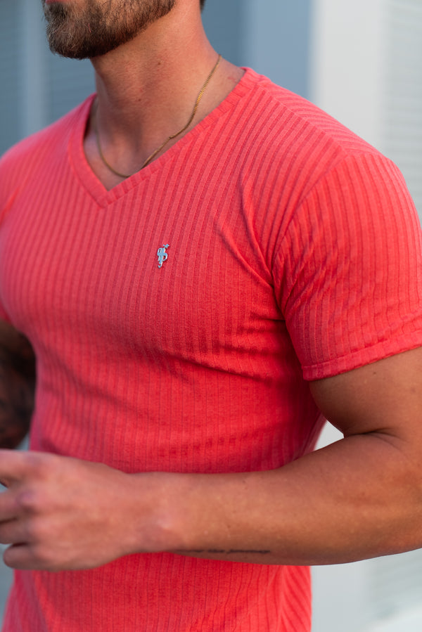 Vater-Söhne-Shirt, klassisches geripptes Rundhalsshirt mit V-Ausschnitt in Koralle/Silber – FSH1365
