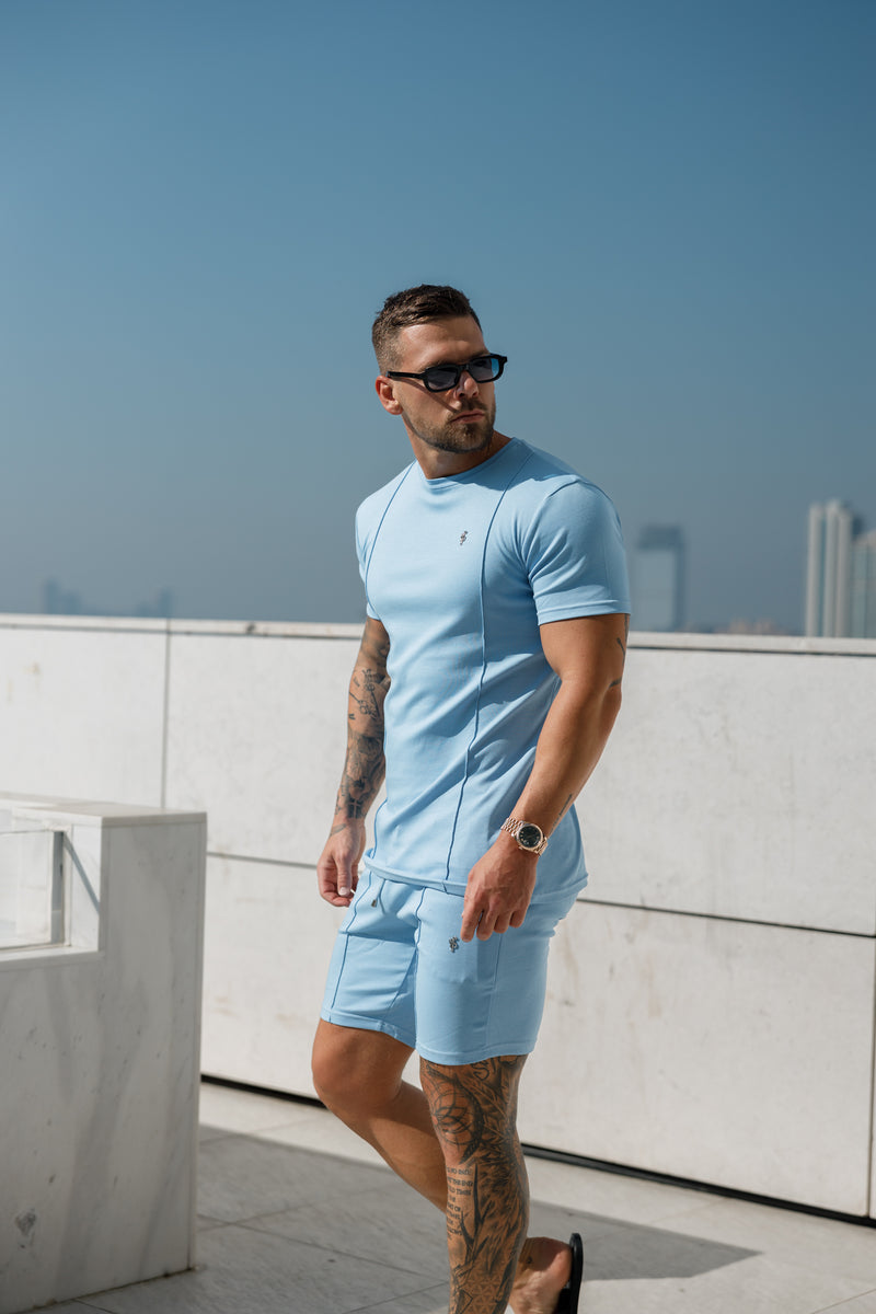 Hellblaues/silbernes Rundhals-T-Shirt mit Biesendetail für Vater und Sohn – FSH1051