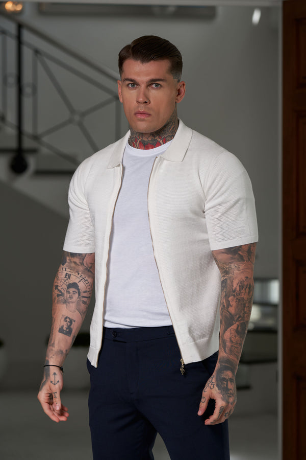 Father Sons Classic Knitted Textured Design With Full Length Zip Off White Short Sleeve - FSN152 (PRE ORDER 21ST MAY)