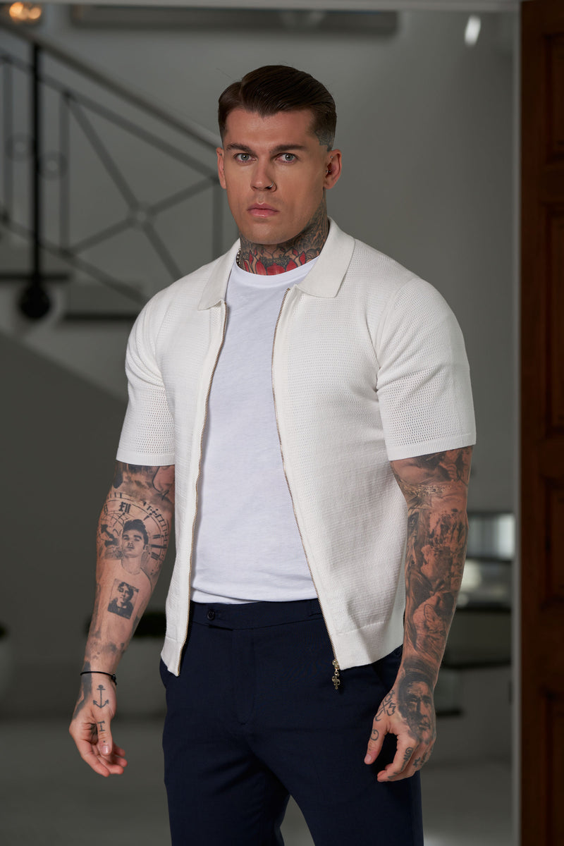 Father Sons Classic Knitted Textured Design With Full Length Zip Off White Short Sleeve - FSN152