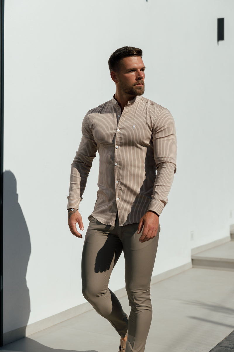 Father Sons Super Slim Stretch Taupe Printed Pinstripe Long Sleeve with Grandad Collar - FS1057