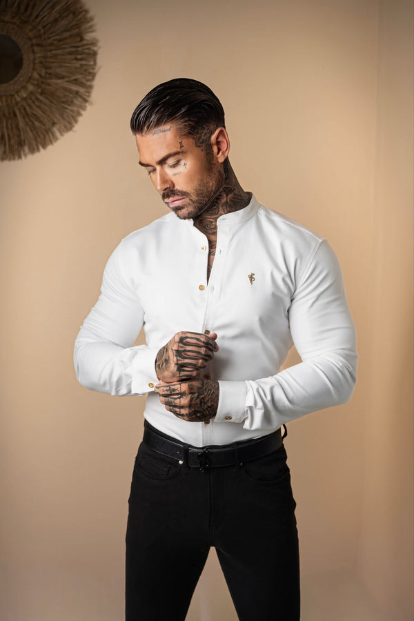 Father Sons Super Slim Stretch White Denim Long Sleeve Grandad collar with Metal Buttons and Decal Emblem - FS719