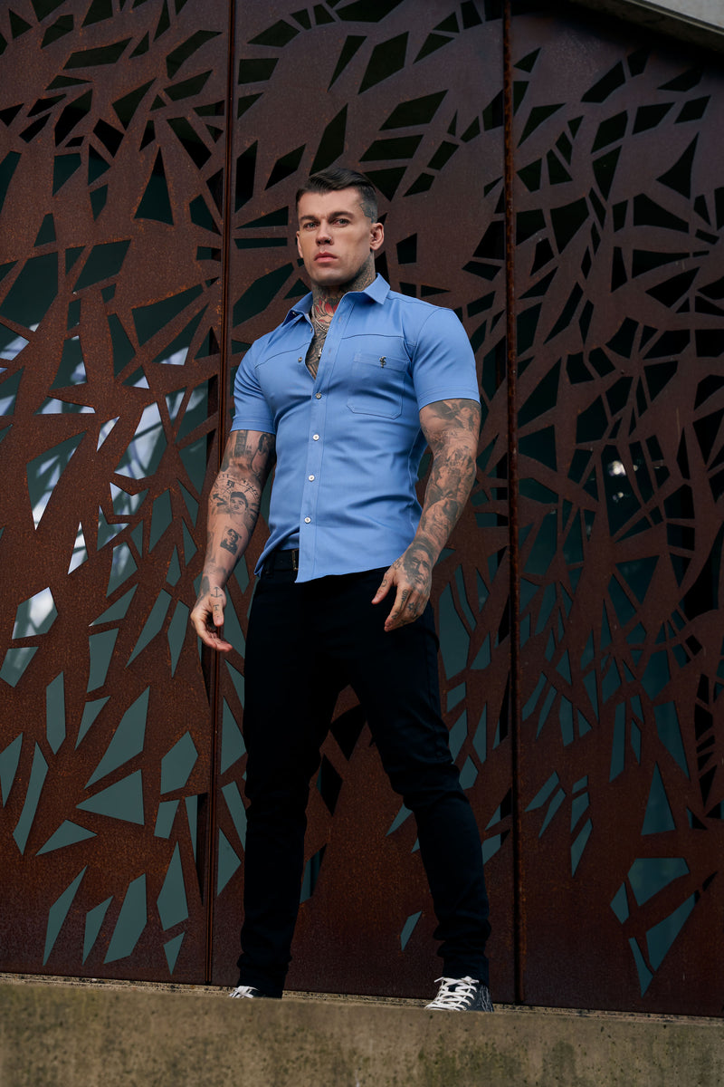 Father Sons Super Slim Stretch Light Blue Denim Short Sleeve with Horizontal Seam and Pocket- FS957