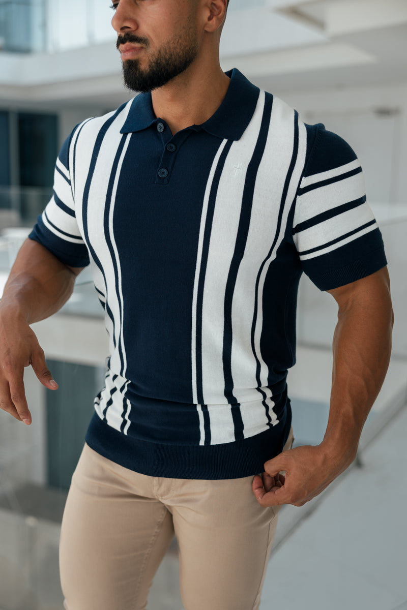 Father Sons Classic Navy/Off White Gestricktes Poloshirt mit vertikalen Streifen, kurzärmlig – FSN105