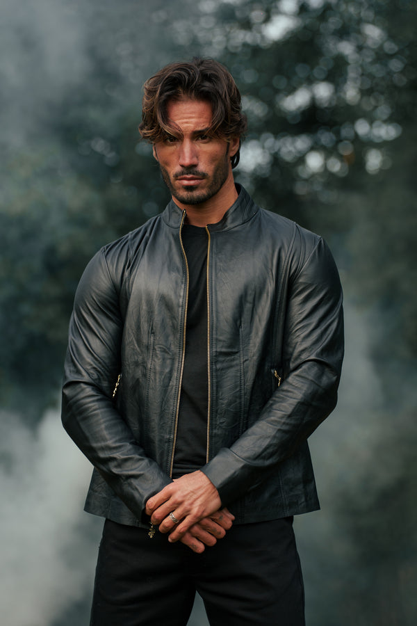 Father Sons Black Lambs Leather Jacket With Gold Zips - FSH610