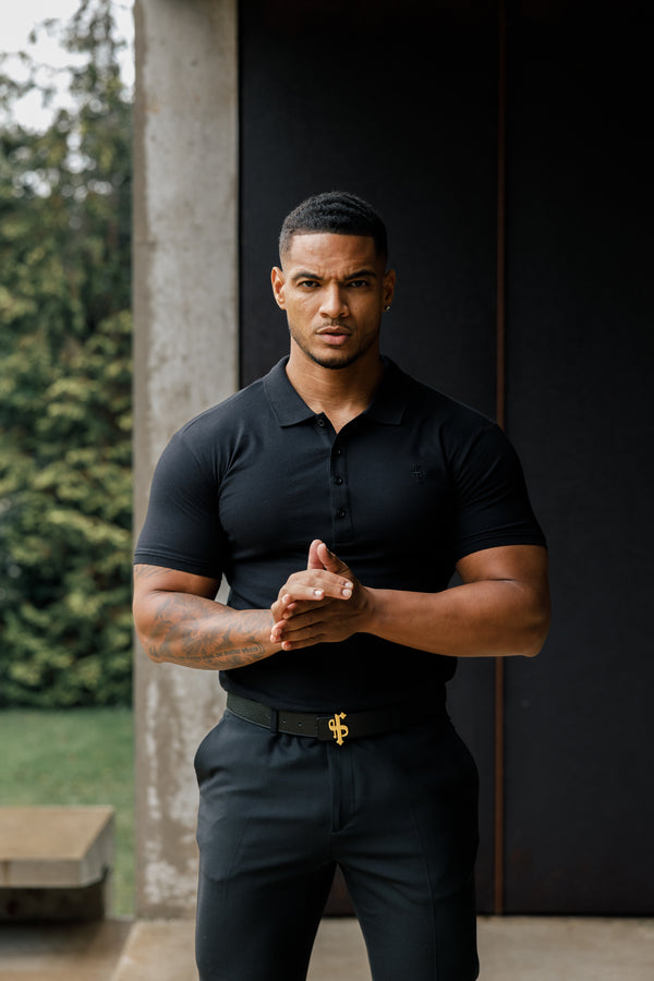 Father Sons Classic Black Polo Shirt with Tonal Button and Embroidery - FSH824