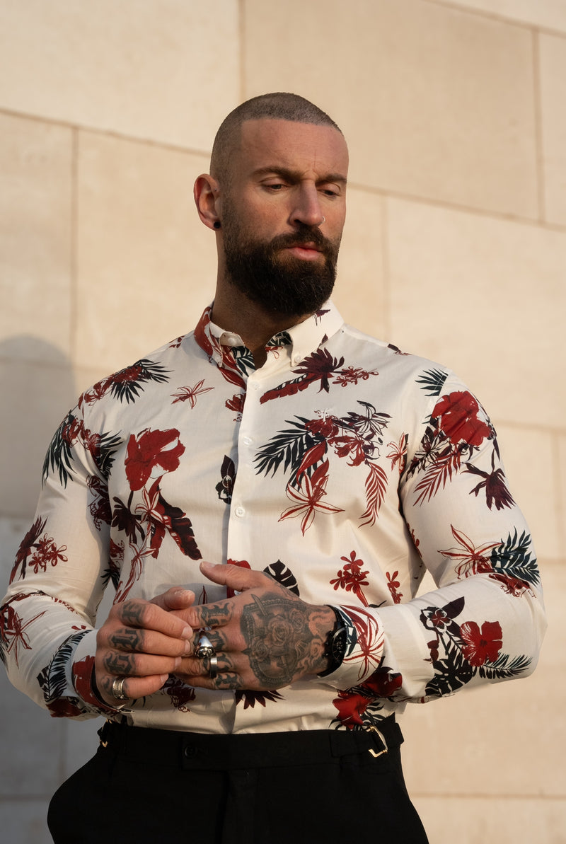 Klassisches Stretch-LS Weiß/Rost Floral Print Button Down Kragen - FS1155